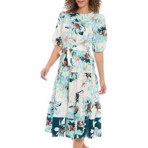 London Times Black and Brown Puff Sleeve Midi Dress